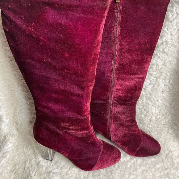 Ashley Stewart Fabric suede Burgundy knee high clear heel boots SZ9W - Picture 2 of 13